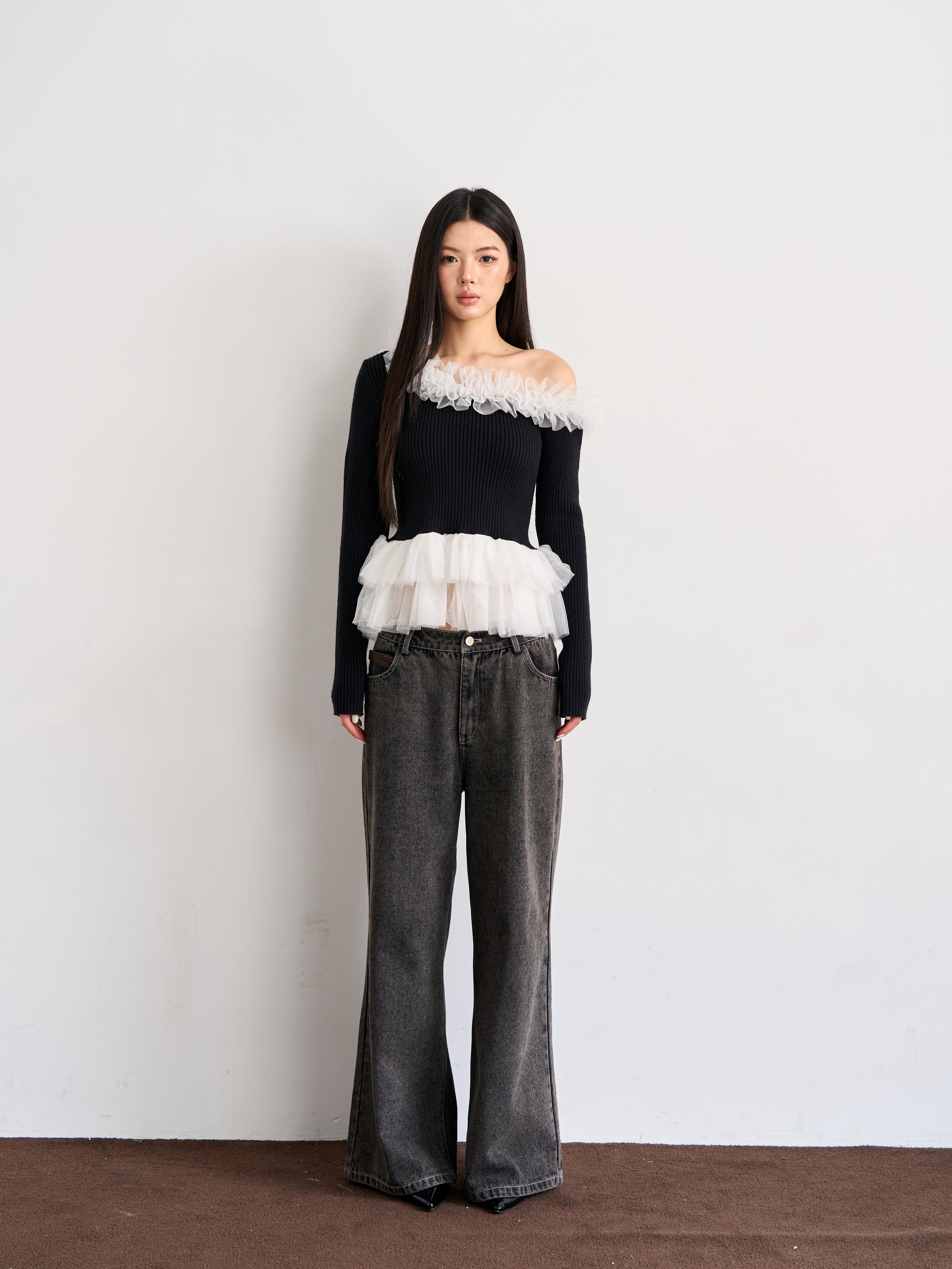 Asymmetry Tulle Knit Top　