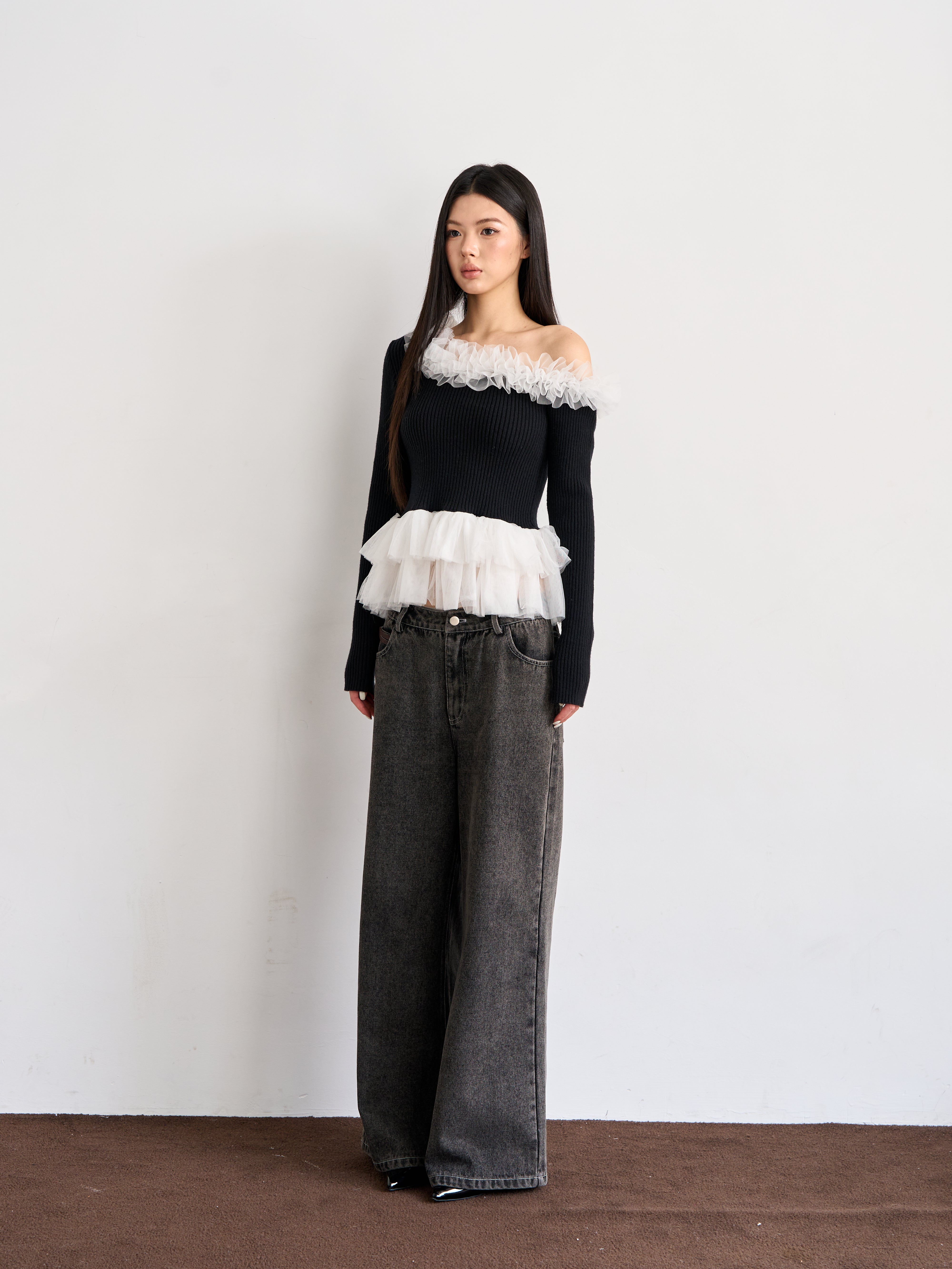 Asymmetry Tulle Knit Top　