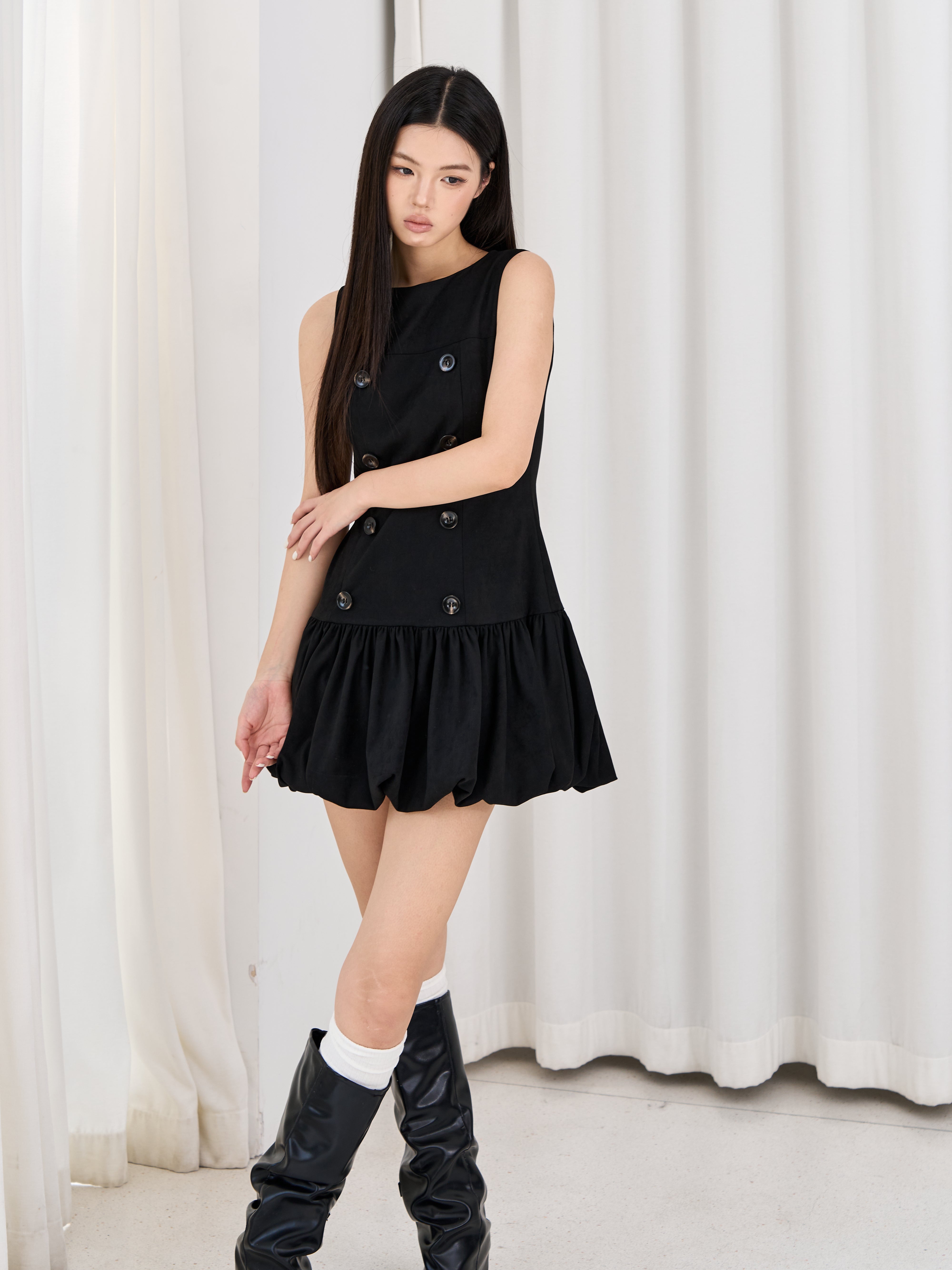 Double Button Balloon Hem Dress