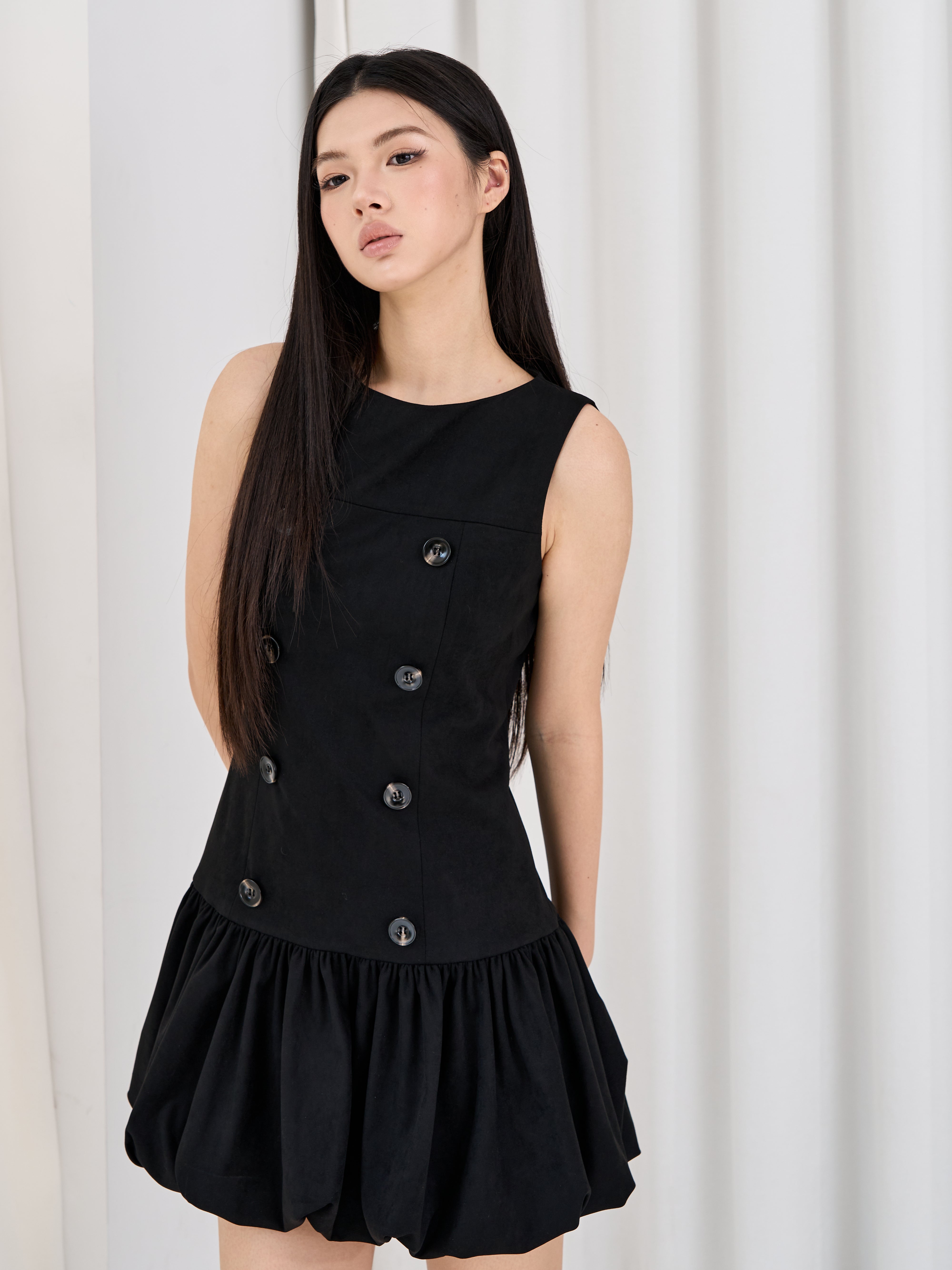 Double Button Balloon Hem Dress