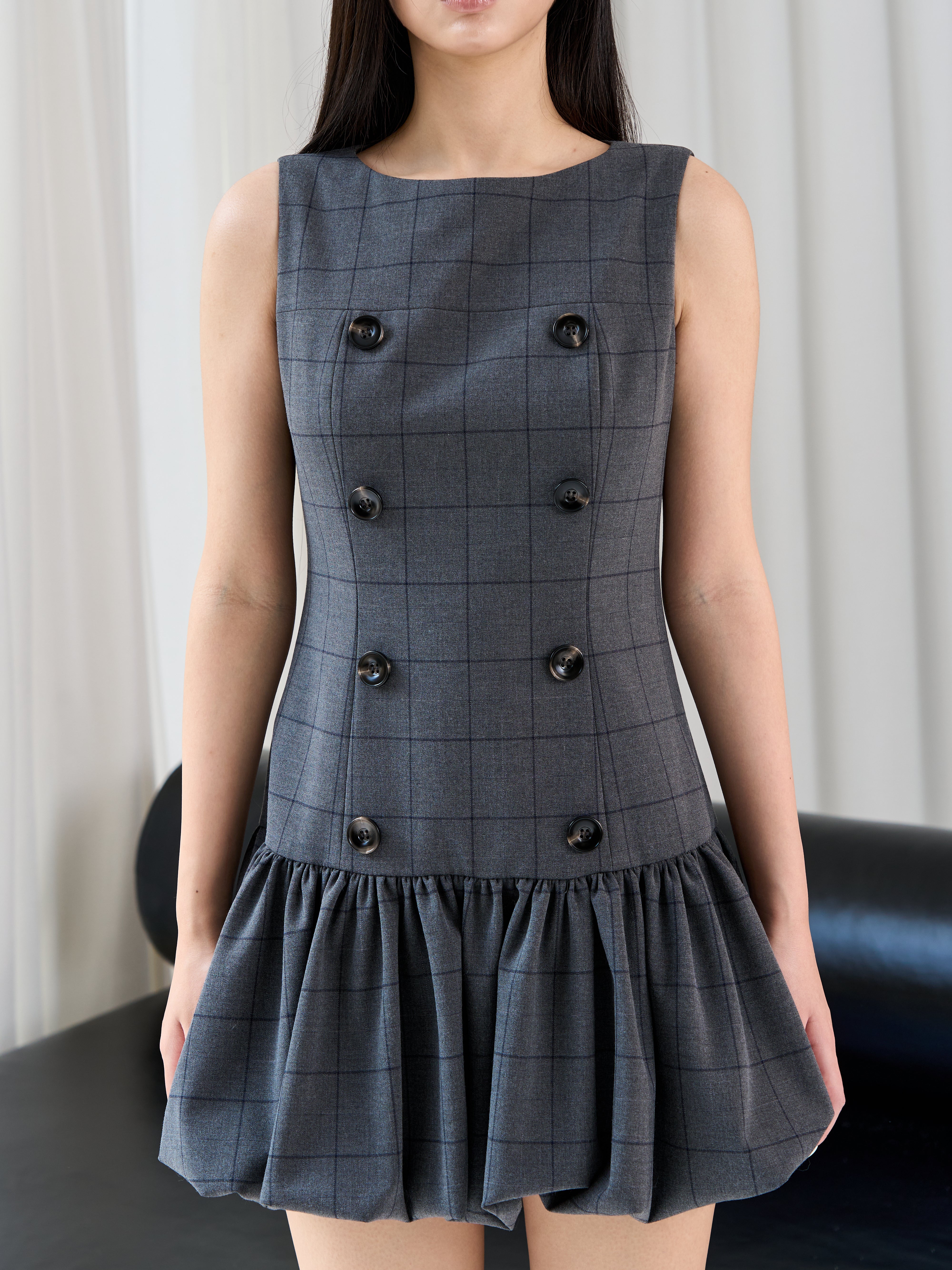 Double Button Balloon Hem Dress