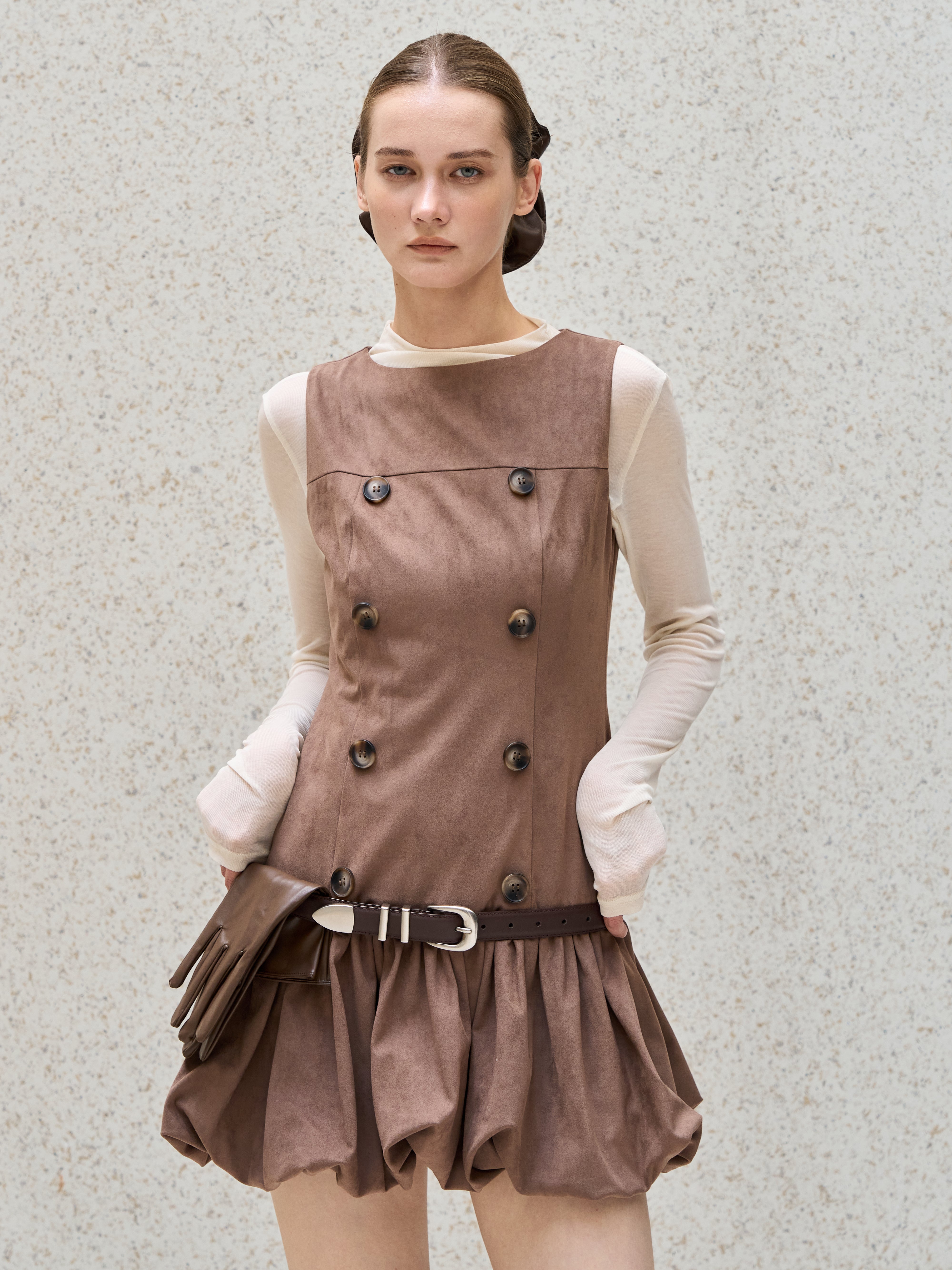 Double Button Balloon Hem Dress