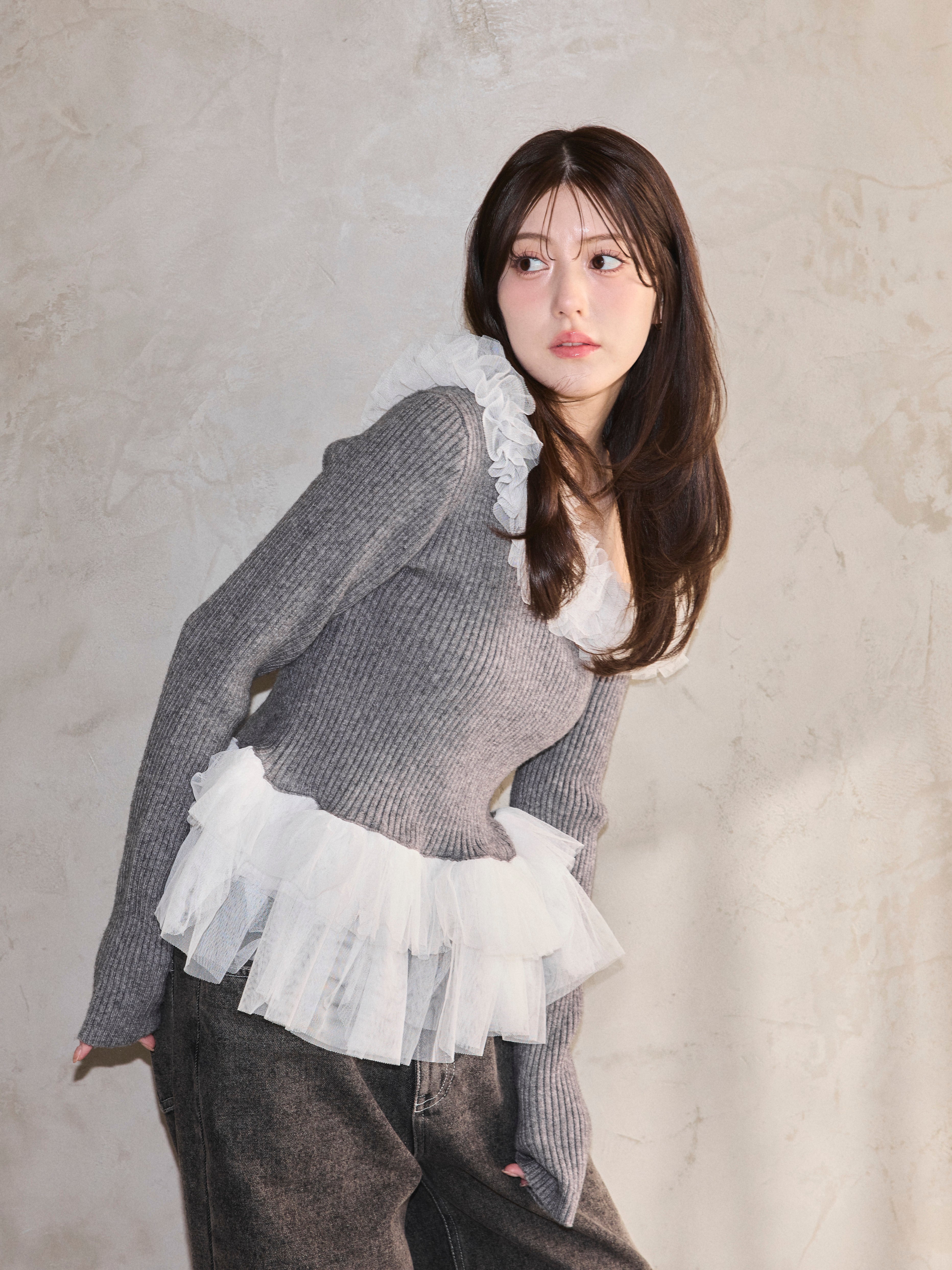 Asymmetry Tulle Knit Top　