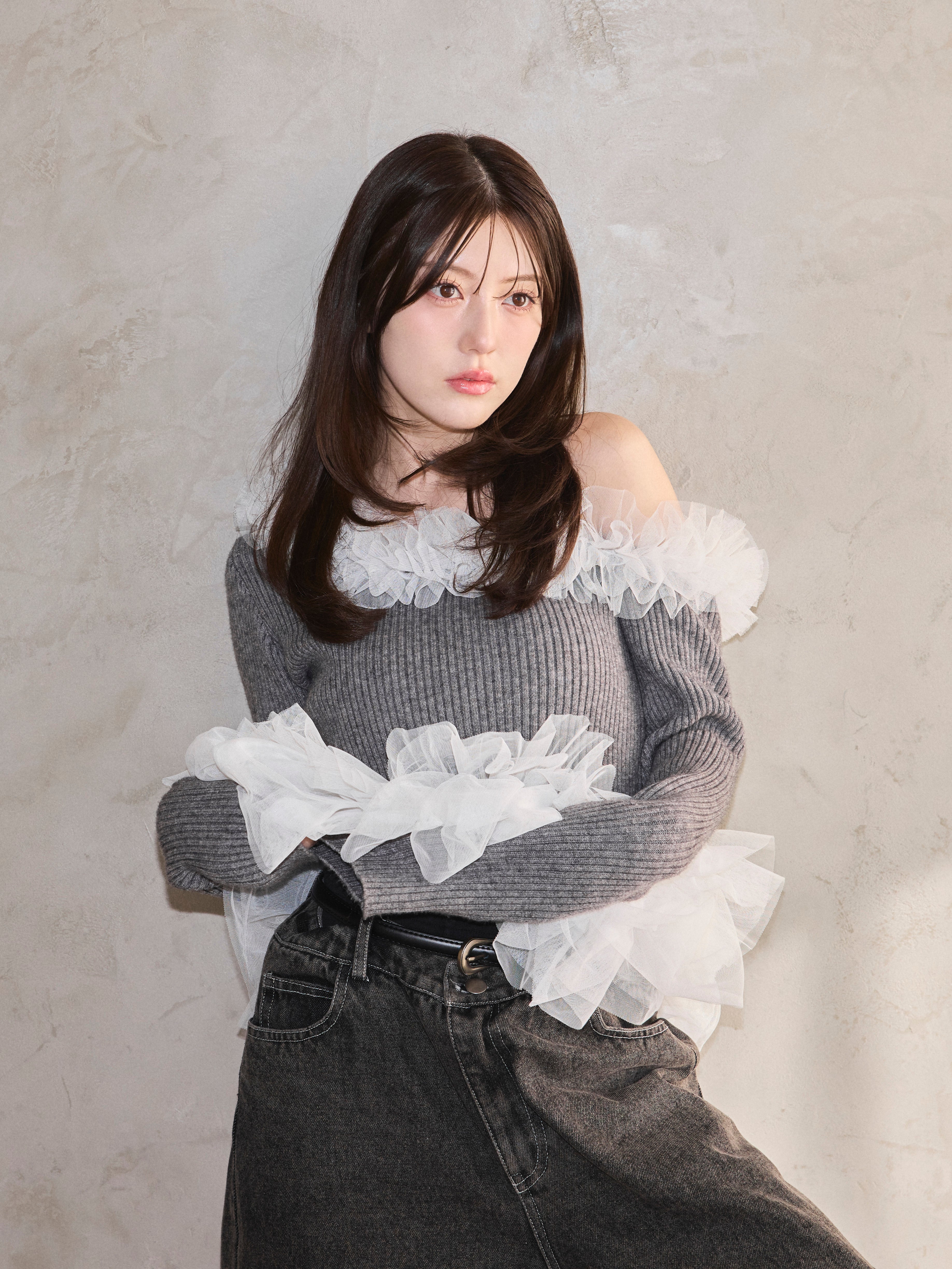 Asymmetry Tulle Knit Top　