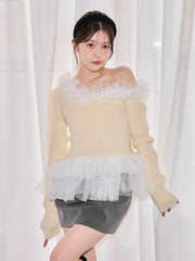 Asymmetry Tulle Knit Top　
