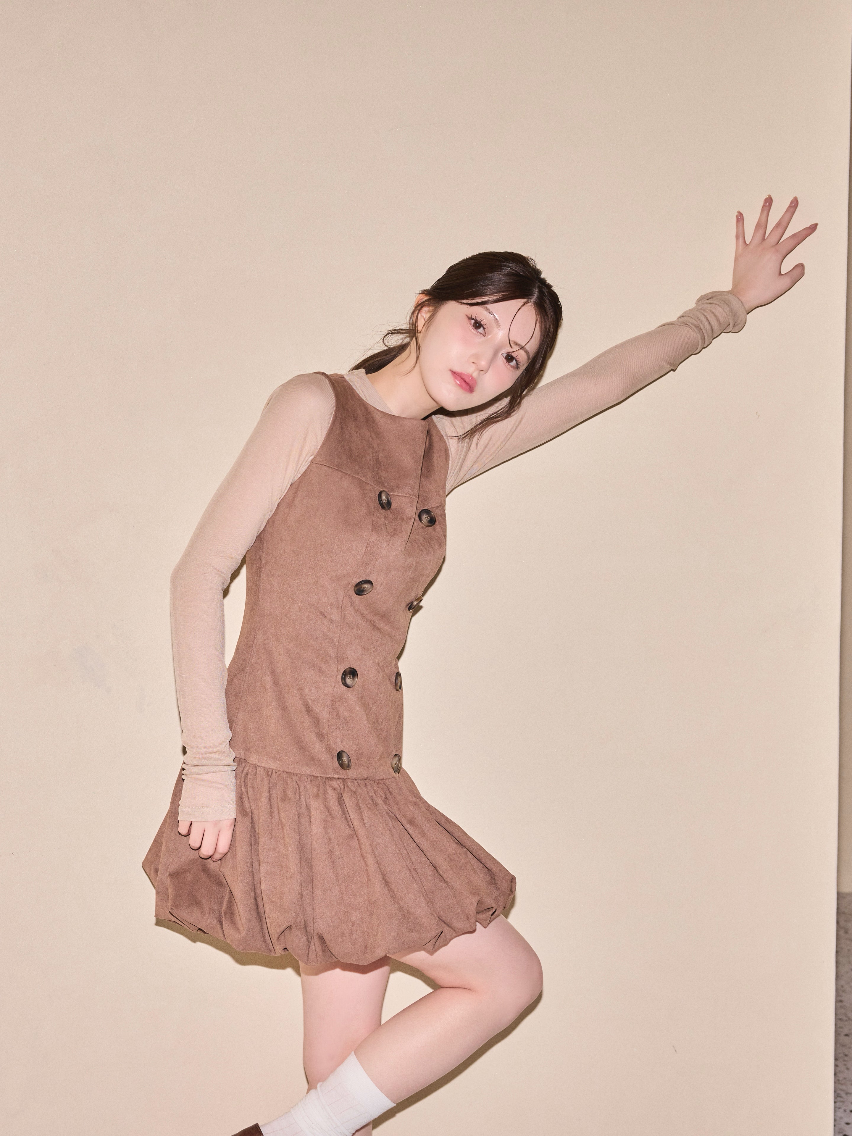 Double Button Balloon Hem Dress