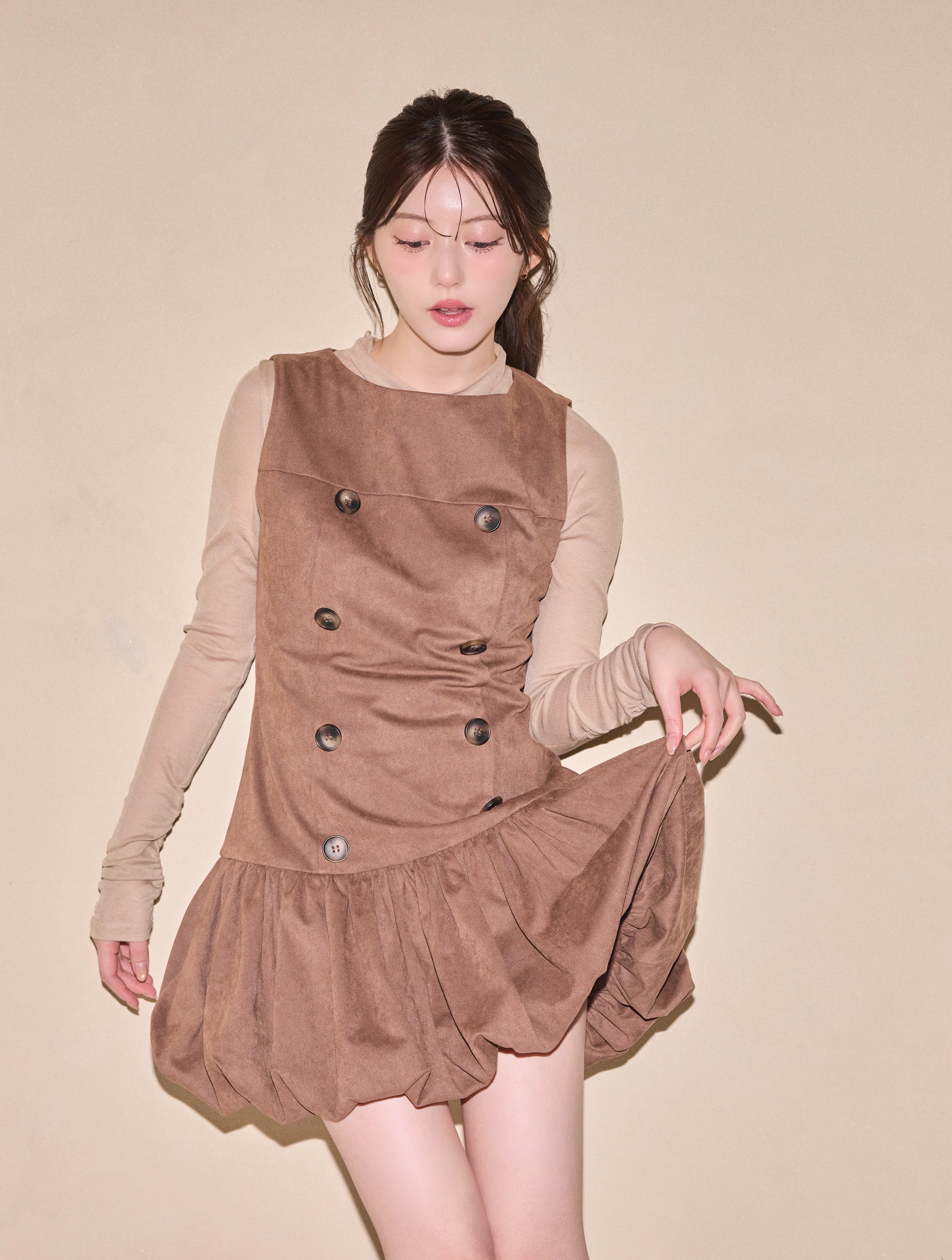 Double Button Balloon Hem Dress