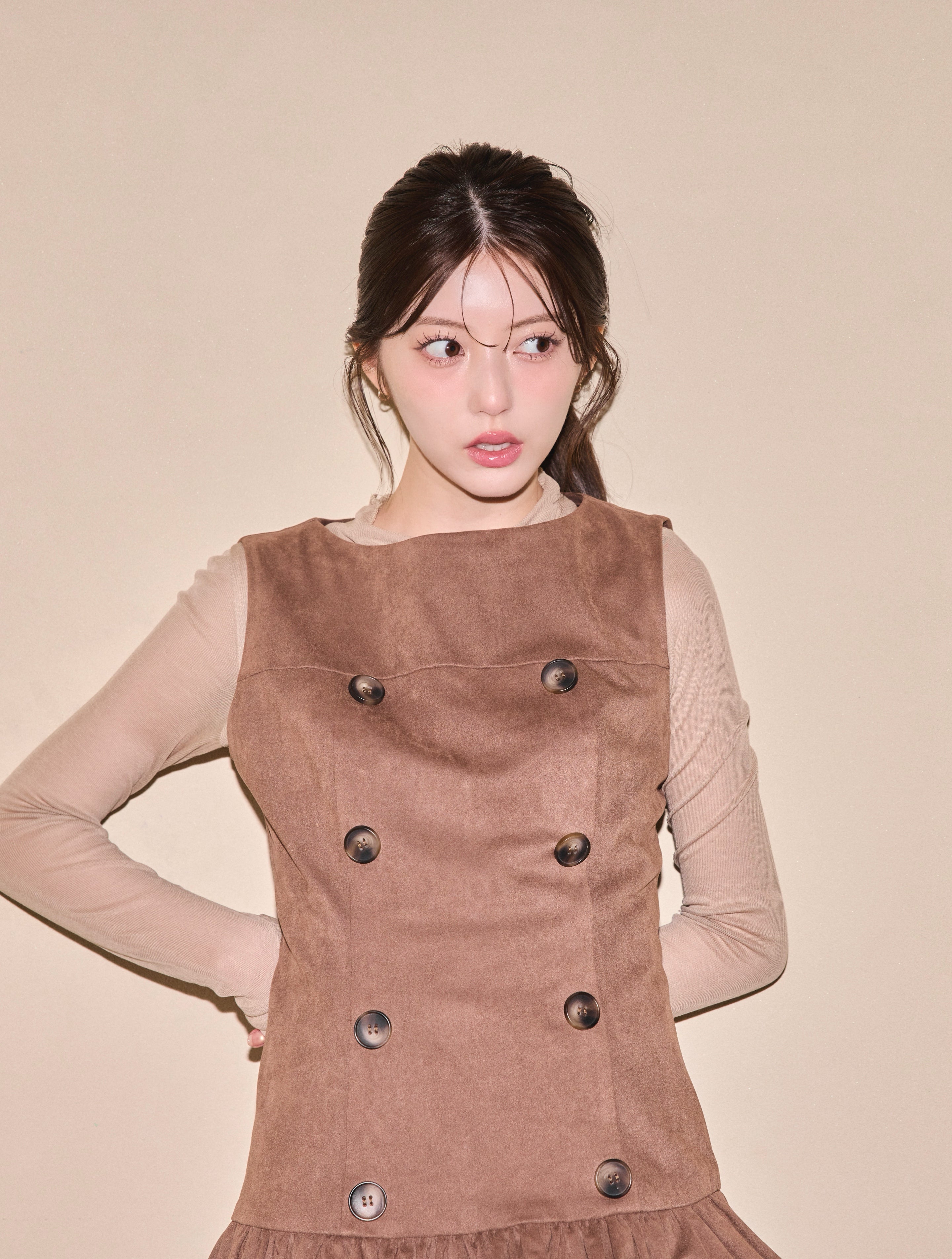 Double Button Balloon Hem Dress