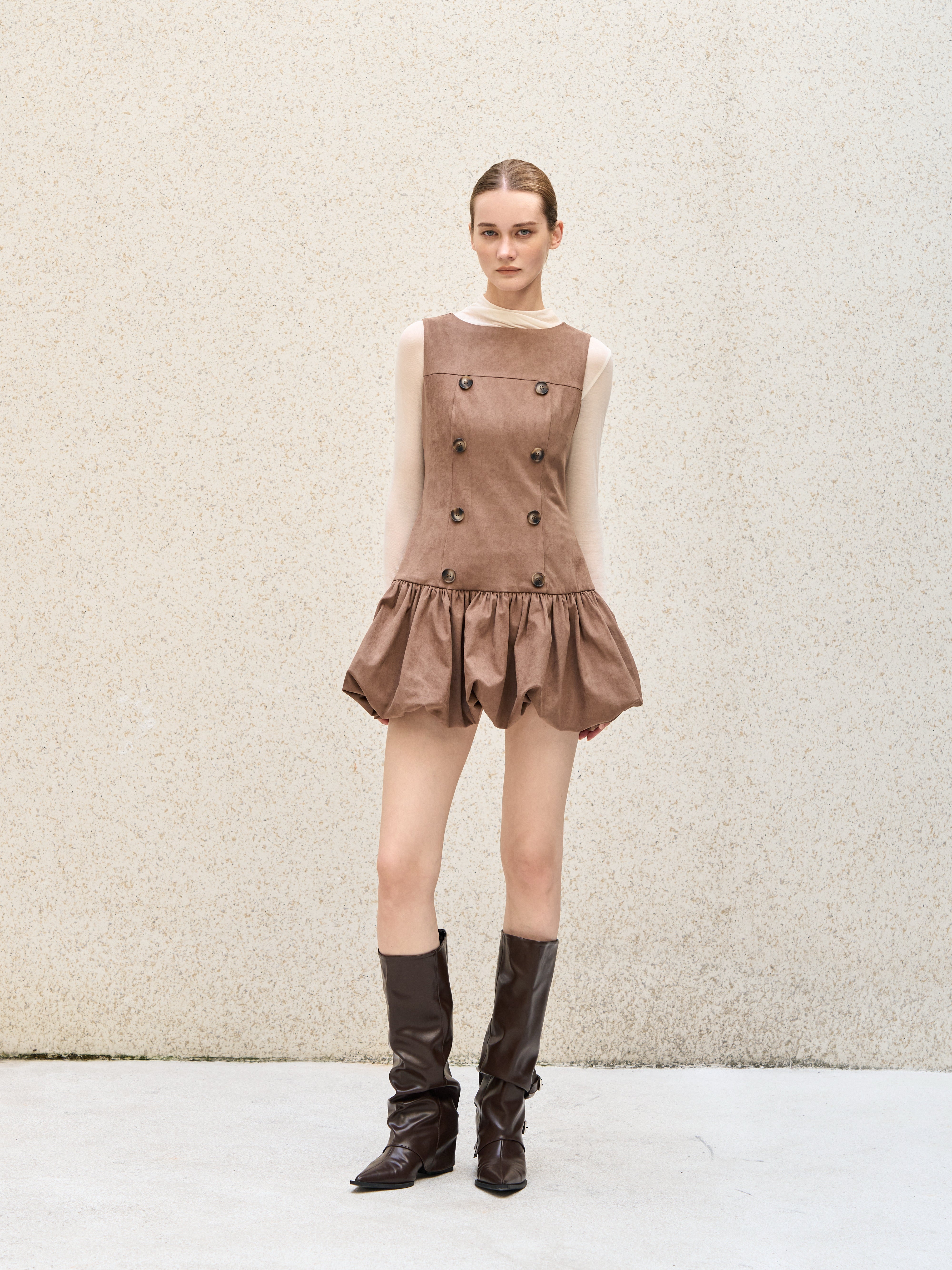 Double Button Balloon Hem Dress