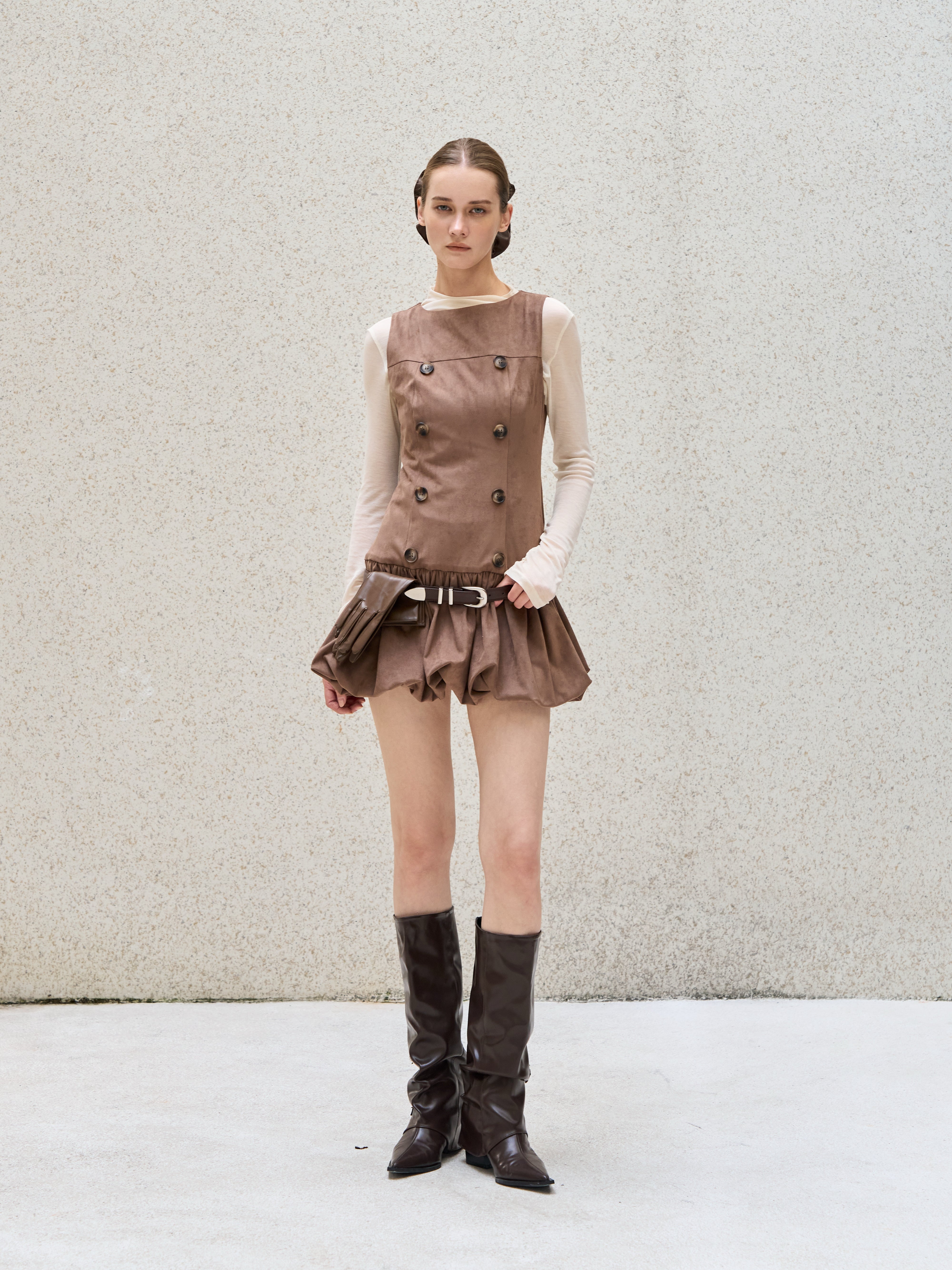 Double Button Balloon Hem Dress